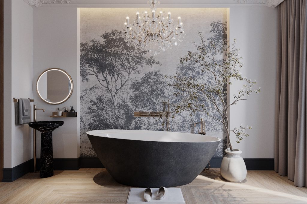 open bath place in bedroom where interior with exclusive bathtub, sink, mirror and chandelier, wall painting, 3d rendering